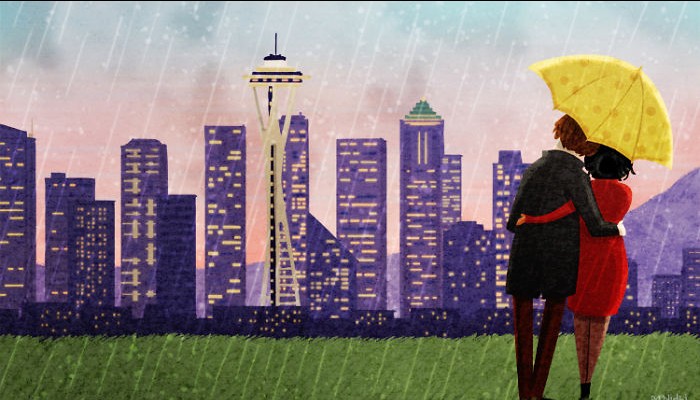 Illustration of couple in the rain in Seattle