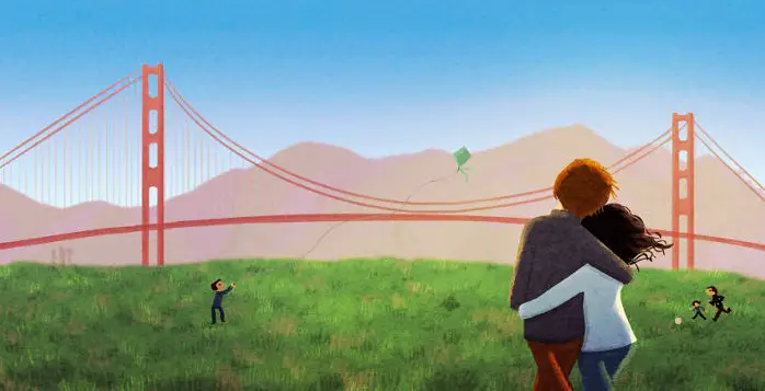 Illustration of couple looking at Golden Gate bridge