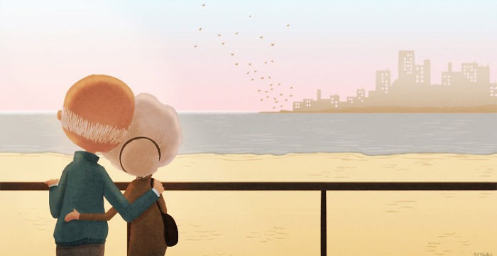 Illustration of old couple looking out to sea