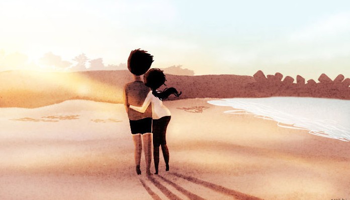 Illustration of couple walking along the beach