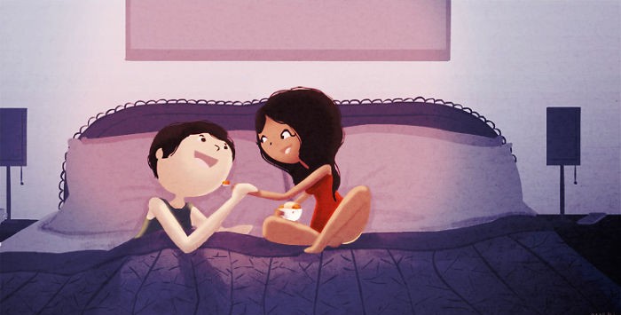 Illustration of couple eating ice cream in bed